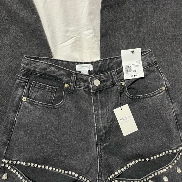 Forever 21 Black Straight-Leg Jeans with Crystal Trim - Picture 3 of 6